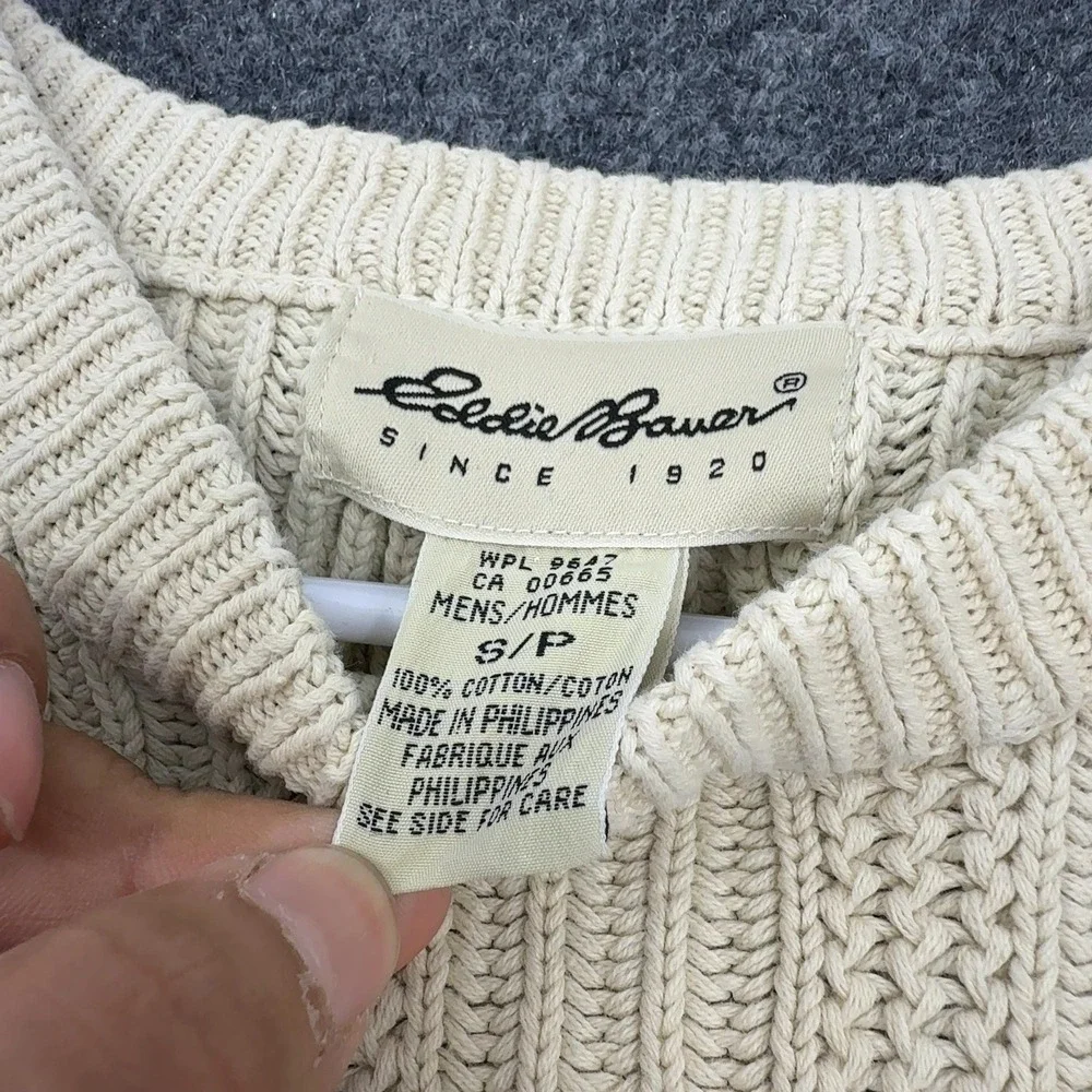 Vintage Eddie Bauer Sweater Mens S Cream Cotton Ribbed‎ Cable Knit Gorpcore